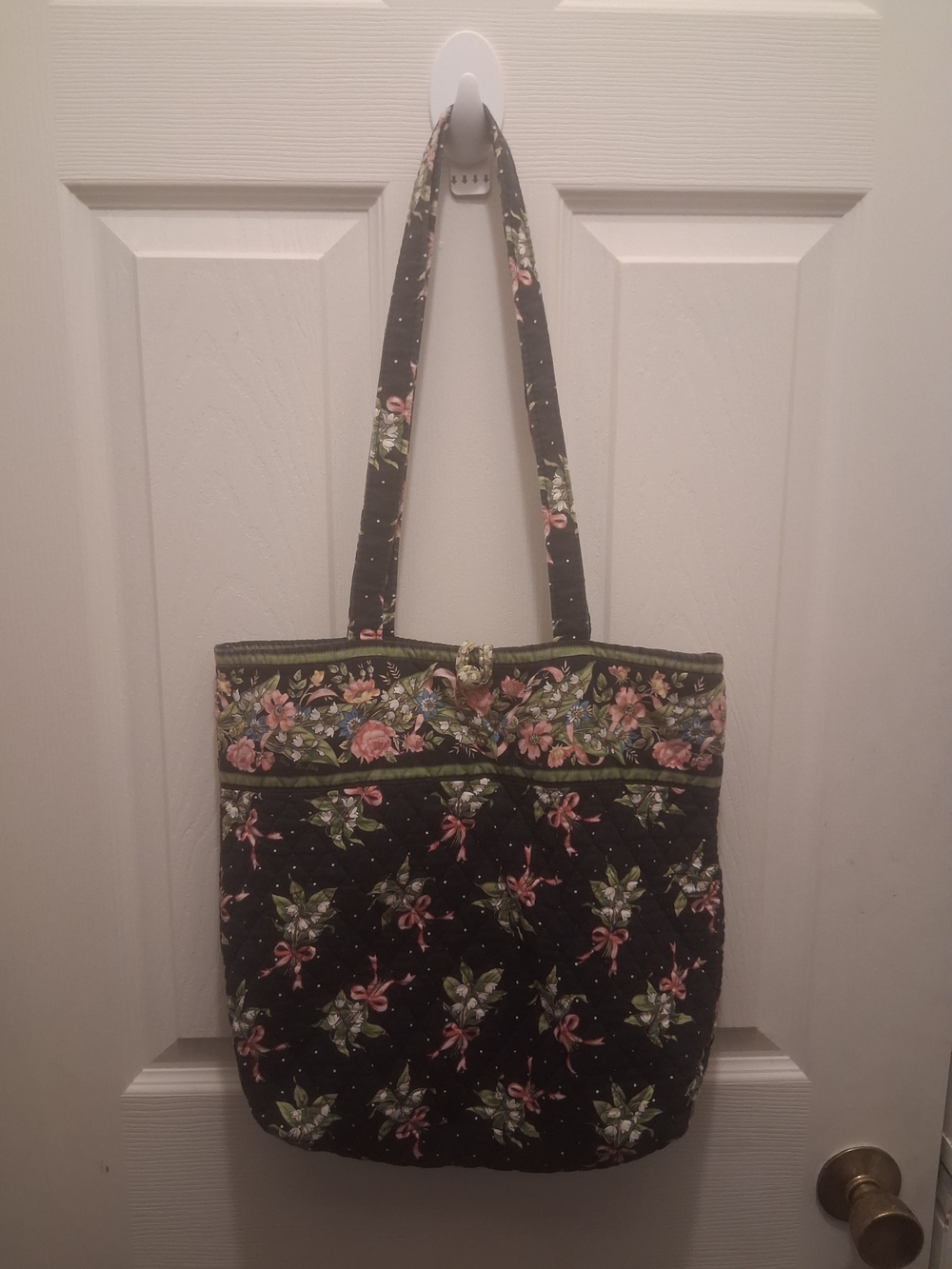 Vera Bradley Black Quilted Floral Tote with Pink and Green Accents